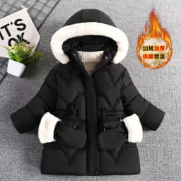 2024 New Winter Keep Warm Girls Jacket Waist Belt Design Detachable Hat Lining Plush Hooded Heavy Coat For Kids