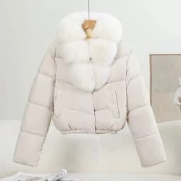 Korean Trend 2026 Winter New Women's Solid Color Short Down Cotton Jacket Simple V-neck Fashion Loose Fur Collar Jacket