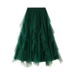 Women's Lotus Leaf Edge A Line Fairy Elastic Waist Tulle Skirt Midi High Waist Mesh Dress Solid Color Irregular Yarn Skirt D8808