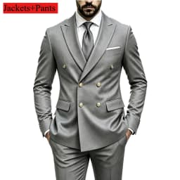 Men's Peak Lapel Double Breasted Golden Button Flap Pocket Business Commute Suit Men Trending Luxury Formal Slim Fit Groom Suit