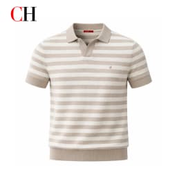 CH Men Two Tone Striped Short Sleeve Polo Shirt Distinct Tiny Brand Embroidery Left Chest Minimalist Golf Vacation Commute Wear