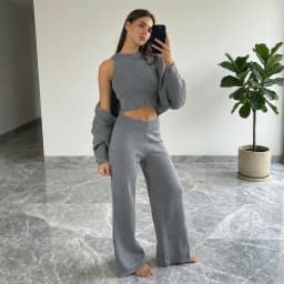 Wolfeel Women's Knitted Three Piece Ribbed Sleeveless Crop Top Long Sleeved and Long Pants Set Suitable for Casual Daily Wear