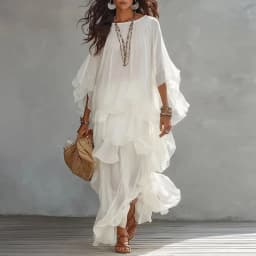 Vintage Solid Tiered Ruffle Mesh Dress Women Crew Neck Loose Batwing Sleeve Sheer Maxi Dress Elegant Holiday Travel Casual Dress