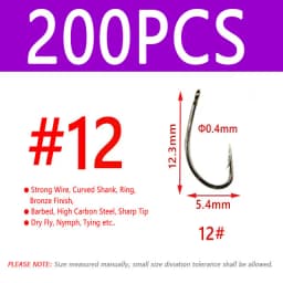 100/200PCS #12 ~ #22 Fly Fishing Dry Fly Hook Standard Wire Bronzed Nymph Curved Hook Small Fly Lures Tying Material