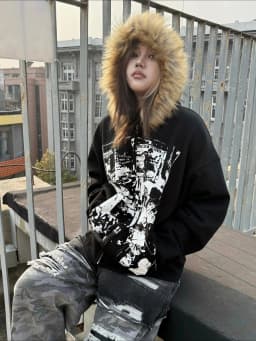 American Style Retro Hooded Jacket Winter Gothic Harajuku Fashion Black Coat Casual Outerwear Y2k Fur Collar Parkas Woman Chic