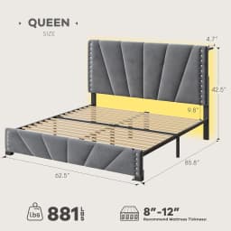 Queen Bed Frame with LED Lights & USB, Noise-Free, Grey | Adjustable Velvet Headboard,Under-Bed Storage,Heavy Duty, Customized
