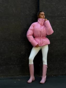 Women Solid Puffer Jacket High Stand Collar Elastic Cinched Waist Peplum Hem Zip Thick Padded Coat Warm Winter Daily Outerwear