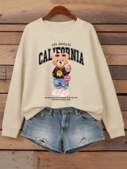 Little Bear Drinking Milk Tea Printed Women Pullover O-Neck Loose Streetwear Casual Autumn Clothes Fleece All-Match Sweatshirt