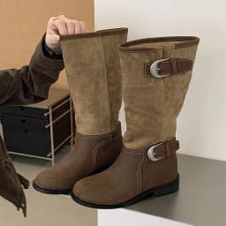 Eilyken Winter Retro Contrasting Splicing Buckle Strap Women Knee-High Boots Western Style Round Toe Square Low Heels Shoes