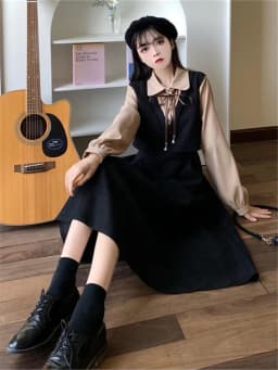 Spring Autumn Winter plus Size College Style Shirt Patchwork Hepburn Retro Dress Student a Line Skirt Long Sleeve High Waist