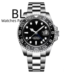 BLIGER 40mm Customizable Logo Blue GMT Watch For Men Black White Dial Green Luminous Sapphire Glass Waterproof Reloj Hombre Date