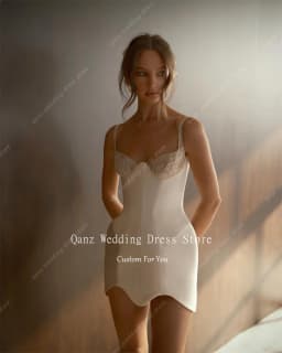 Qanz Modern Mini Wedding Dress Spaghetti Straps Satin Short Robe De Mariée Lace Sweetheart Vestido De Novia Boda Customized