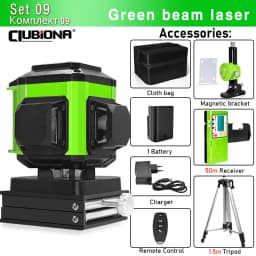 CLUBIONA 16/12 lines Self-leveling Remote Control Outdoor Mode - Receiver Auto 3x360 Green beam Line Laser Level