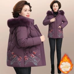 Warm Fleece Lined Cotton Jacket for Middle-Aged And Elderly Women Casual Style Winter Coat with Hood Zipper Closure And Pockets