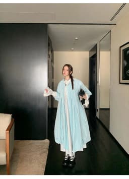 Lautaro Spring Autumn Long Cute Sweet Thin Blue Trench Coat for Women Bow Lantern Sleeve Loose Casual Chic Fashion Overcoat 2026