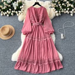 French Vintage O Neck Hollow Out Lace Patchwork Long Lantern Sleeves Korean Fashion Dresses Women's Autumn Waist Sweet Clothing