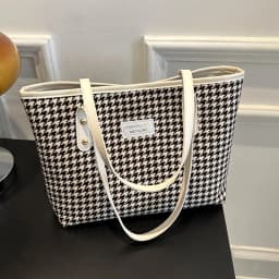 Casual Houndstooth Print Tote Bag, Large Capacity Shoulder Purse with Brown Leather Straps, Versatile for Everyday Work Outings