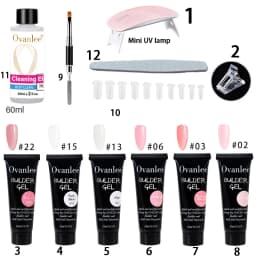 Ovanlee 18-Piece All-in-One Nail Builder Gel Kit – 12 Colors 15ml Polygel with Mini UV/LED Lamp, Cleaning Fluid, Nail Tips & Tools – Form-Free DIY Manicure Extension & Strengthening Set