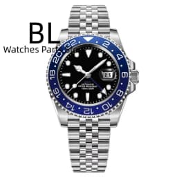 BLIGER 40mm Customizable Logo Blue GMT Watch For Men Black White Dial Green Luminous Sapphire Glass Waterproof Reloj Hombre Date
