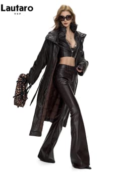 Lautaro Spring Autumn Long Fitted Soft Black Pu Leather Flare Pants for Women Low Waist Sexy Luxury Designer Gyaru Clothes 2026
