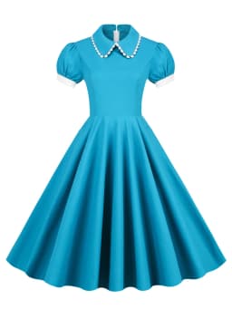 Tonval Peter Pan Collar Puff Sleeve Turquoise Cotton Dresses Women 2026 Elegant Plain Vintage Style Pockets Side Midi Dress