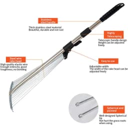 Small Garden Rake Quick Sweep Adjustable Aluminum Alloy Multi Toothed Comfortable To Grip Garden Leaf Rake for Lawn