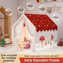 Extra-Large Playhouse Tent with White and Red Polka Dot Roof, Red Mushroom House, Princess Fairy Tale Play Tent, Equipped with Windows/Curtains/Storage Bag, Sturdy Iron Material, Portable Outdoor Playhouse, Party Decoration for Early Learning and Imaginative Play, Large Toy Castle Tent, Halloween/Christmas/Thanksgiving/Birthday Holiday Gift, Does Not Include Accessories and Lighting