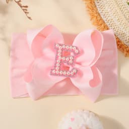 26 Letters Pink Big Bows Pearl Headbands for Baby Girls 5.98'' Wide Nylon Knotted Soft Elastic Hair Bands Wraps Headwear 1PCS