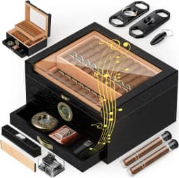 Cigar Humidor with Built-in Music Box System and Cedar Wood Tray-Transparent Top Desktop Humidor,Digital Hygrometer & Humidifier