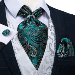 Luxury Silver Paisley Men Ascot Tie Wedding Formal Cravat Ascot Scrunch Self British Neck Tie Set Pocket Square Cufflink DiBanGu