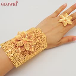 France Luxury Chain Cuff Bangle & Ring For Women Dubai Gold Color Indian Moroccan Big Bracelet Jewelry Arabic African Wedding