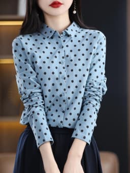 Women's New 100% Cotton Soft Sweater Polka-dot Knitted Polo Collar Long Sleeve Cardigan Spring Summer Shirt Ladies' Blouse Top