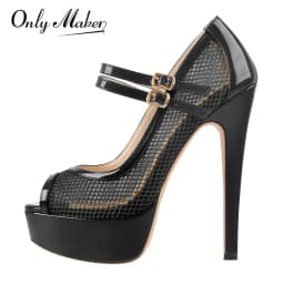 Onlymaker Women Black Platform Peep Toe Mesh Spike Pumps Sandals Thin High Heel Big Size Buckle Strap Party Shoes