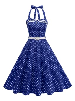 Tonval Halter Neck Polka Dot 1950s Fit and Flare Dresses Women Holiday Vintage Party Prom Shirred Back Belted Backless Dress