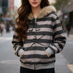 Skull Printing Gothic Plush Brim Warm Striped Color Matching Hoodie Autumn Winter Street Hip Hop Punk Cardigan Women Casual Coat