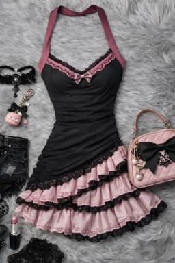 Lace Yarn Pattern Sexy Slim Pink Dress Mini Skirt Tie Rope Halter Bow Lace Decoration Sexy Slim Retro Fashion Aesthetic