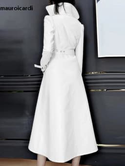 Mauroicardi Spring Autumn White Fitted Long Pu Leather Coat Women Zipper Belt Elegant Chic Luxury Designer Fake 2 Clothes 2024