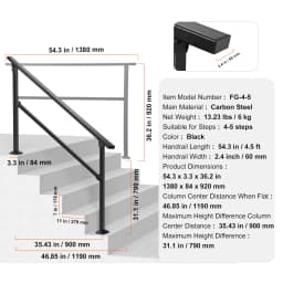 SucceBuy Outdoor Handrails for Steps 4-5step Stair Rail Kit Black Square Tube w/ Horizontal Bar Carbon Steel Support for Seniors