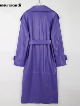 Mauroicardi Spring Long Waterproof Soft Purple Pu Leather Trench Coat for Women Sashes Luxury Elegant Leather Overcoat 2025