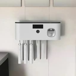 1 Smart Toothbrush Sterilizer, Toothbrush Storage Rack with 5 Brush Slots, Toothpaste Dispenser, Wall Mounted Holder