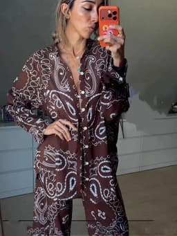 Printing Shirt Two Piece Set Full Sleeves Single Breasted Blouse Pants Casual Vacation Outfit for Women