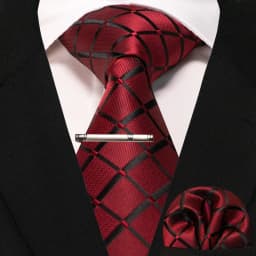 Wine Red Classic Plaid Tie for Men Handkerchief Tie Clips Set Mens Necktie Fashion Business Party Wedding Gift Accessories