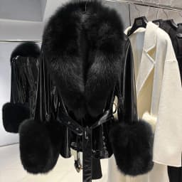 YOLOAgain Real Fox Fur Collar Genuine Leather Jacket Women