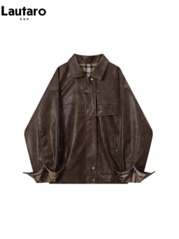 Lautaro-Plaid Patchwork Pu Leather Jacket for Women, Oversized, Soft, Reversible, Long Sleeve, Luxury Designer Clothing, Spring