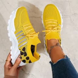 Women's Spring Autumn Knitted Thick Sole Sneakers Leopard Print Patchwork Breathable Flying Woven Lace‑Up Casual Walking Shoes
