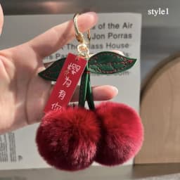 New Fluffy Rabbit Fur Cherry Keychain Ball Pompom Key Chain Handbag Car Key Chain Ring Gift Women‘s Bag Charm Backpack Accessory