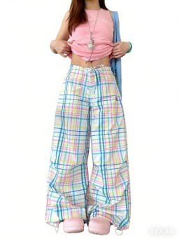 Y2K Pastel Plaid Wide Leg Cargo Pants | Drawstring Waist Baggy Trousers with Hem Toggle 90s Retro Streetwear Sweet Preppy Style
