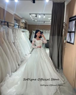 SoDigne A-line Glitter Tulle Wedding Dresses Square Collar Full Sleeves Bridal Dress Appliques Long Wedding Gown Customized
