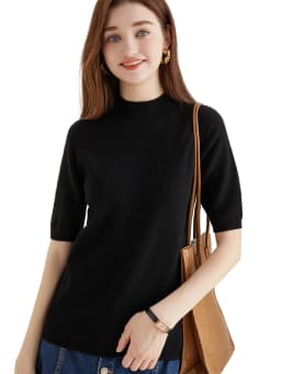Wool Top Women's Sweater Knitwears Short Sleeve Pullover 100% Wool Half Turtleneck Sweater for Women Knit Jumper Female Clothing