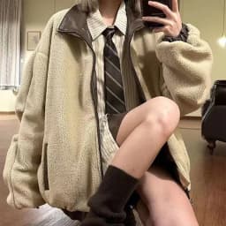 Reversible Brown Women Pu Jacket Sherpa Lined Coat Zip Up Fleece Oversized Retro Moto Streetwear Y2K Winter Outerwear Top